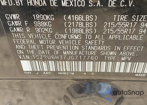 2018 Honda Hr-V Lx z USA, uszkodzony, nr VIN 3CZRU6H37JG717760